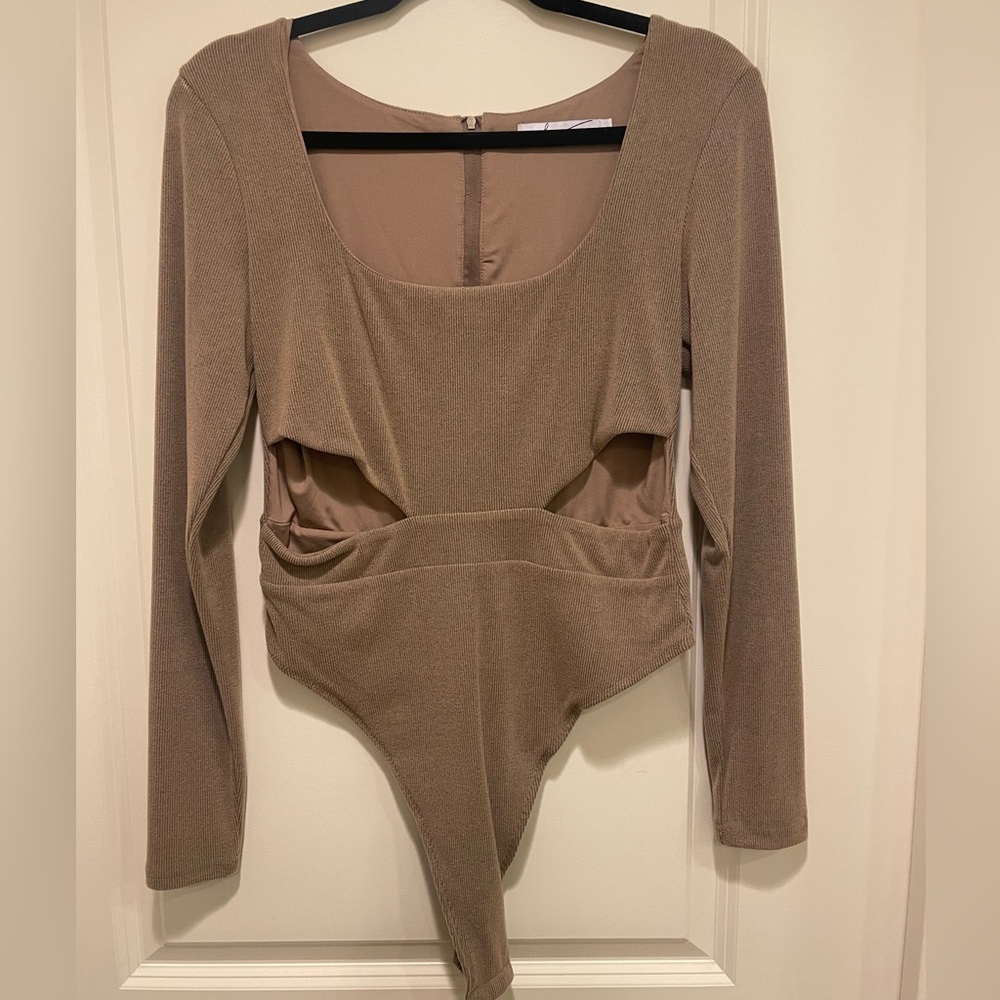 ByEgreis bodysuite in tan color, velvety fabric, long sleeve, Size L